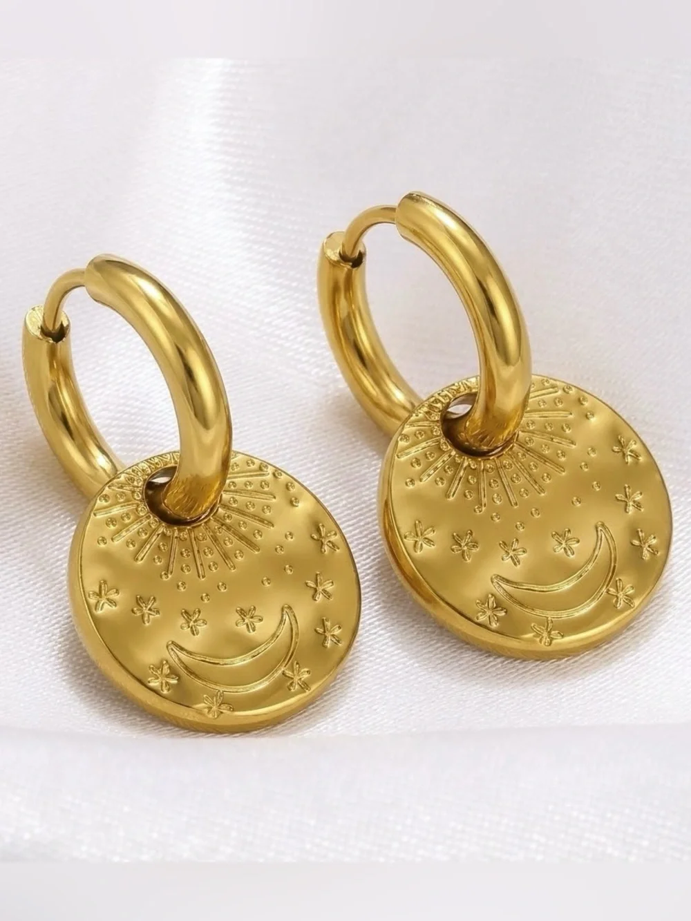 “Exist by the Sun, Love by the Moon” Celestial Engraved Dots Gold Stainless Hoop